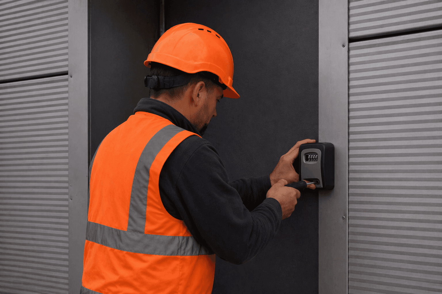 Worker installing a key safe on a vacant property