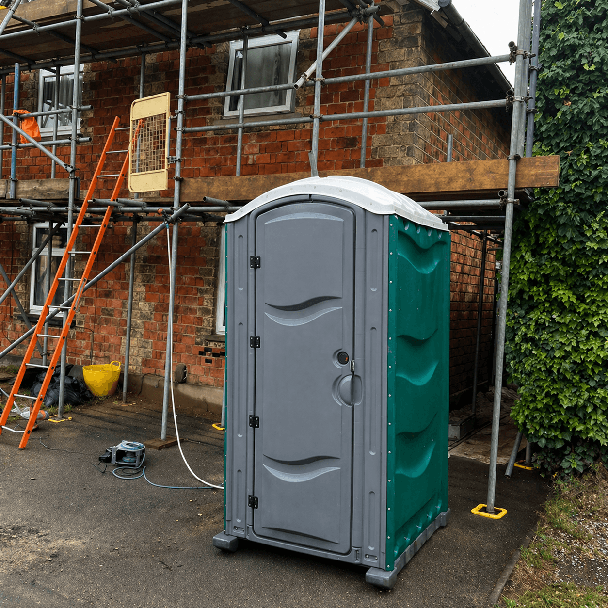 Worker installing a portable welfare unit on a vacant property