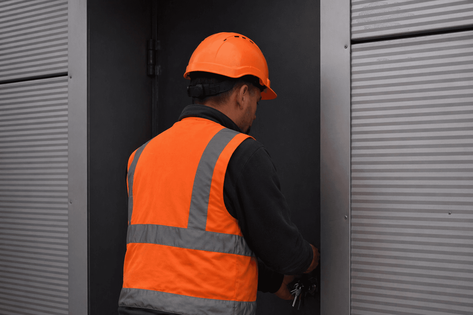 Maintenance worker in property doorway during vacant site inspection